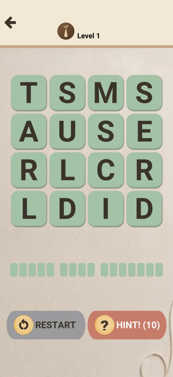 A four by four letter grid at Level 1, with Restart and Hint buttons.