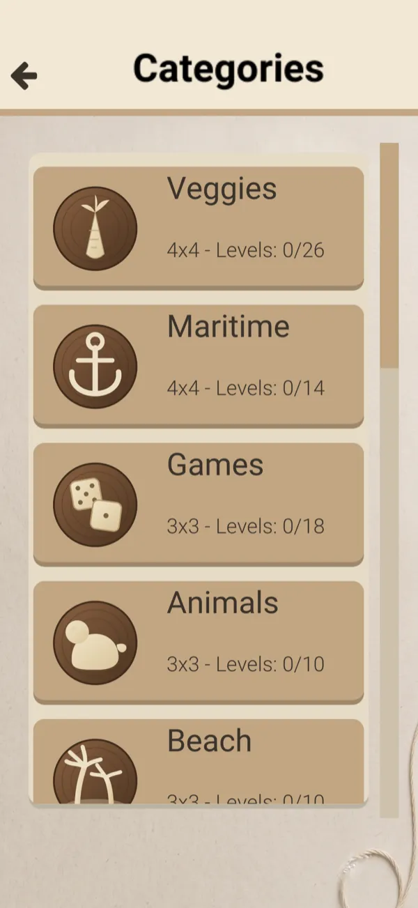 The category list, showing Veggies, Maritime, Games, Animals and Beach.