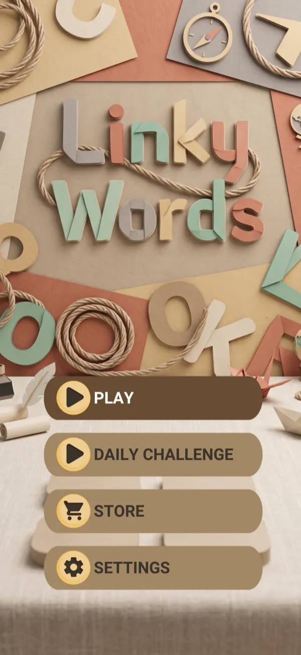 The Linky Words start screen, with Play, Daily Challenge, Store and Settings buttons.