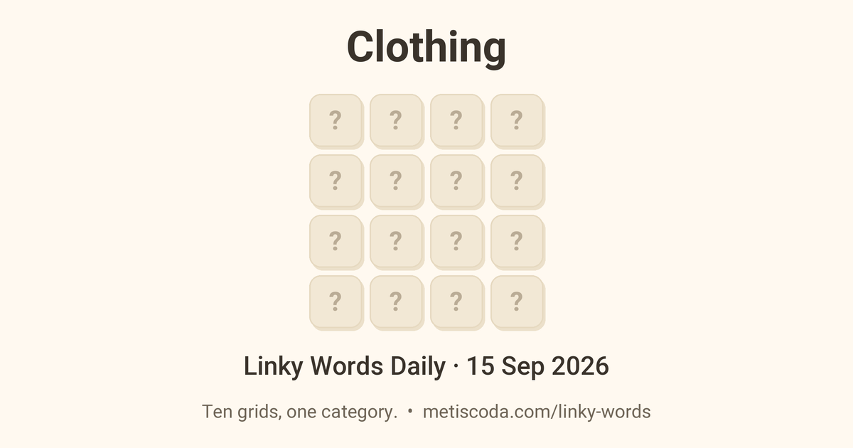 Linky Words Daily for 15 Sep 2026, Clothing: the theme over a grid of hidden letters.