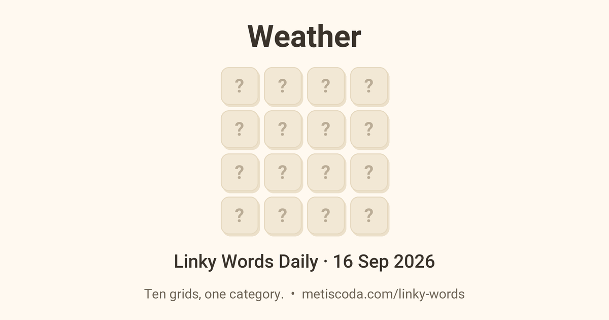 Linky Words Daily for 16 Sep 2026, Weather: the theme over a grid of hidden letters.