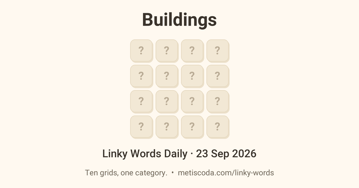 Linky Words Daily for 23 Sep 2026, Buildings: the theme over a grid of hidden letters.