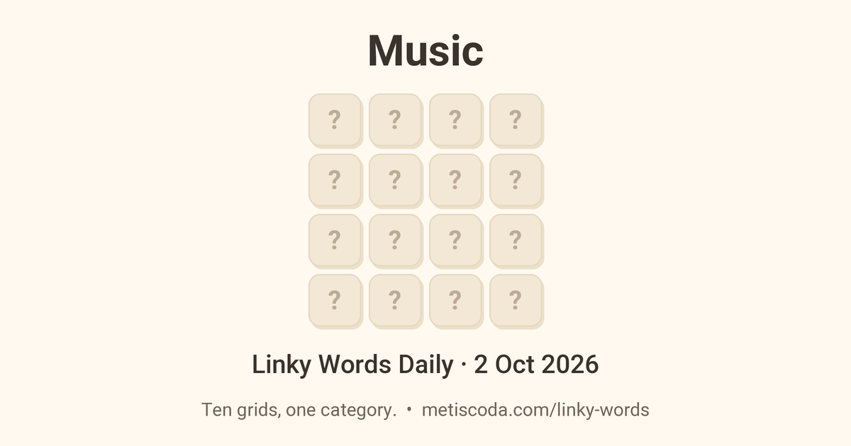 Linky Words Daily for 2 Oct 2026, Music: the theme over a grid of hidden letters.